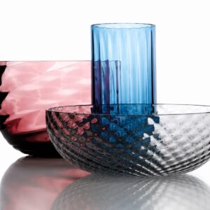 Set Murano Glass Blow Bowl: coppa da portata grigio fumé, coppa profonda rosa cipria e vaso azzurro cielo — design di Matteo Zorzenoni