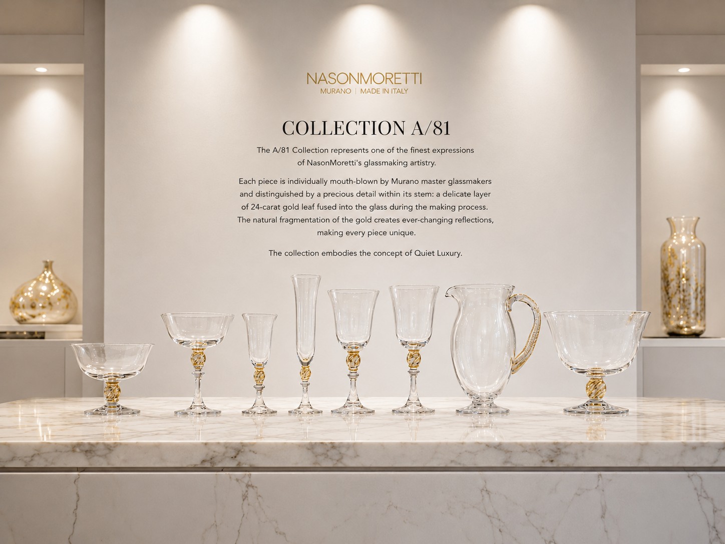 Calici, Caraffa e Coppe Decorative – Collezione A/81 in Vetro di Murano con Foglia d’Oro 24 kt | NasonMoretti